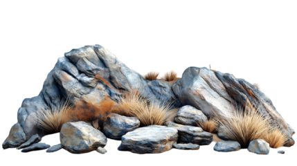 Rocky Desert Dry Grass and Trees, 3D Render of Sandy Stone Landscape, isolated on transparent background.
