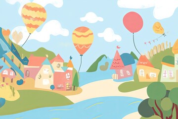 Fototapeta premium Colorful hot air balloons float over a whimsical village beside a serene river on a sunny day