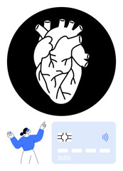 Anatomical heart in a black circle, a blue-clothed person gesturing upward, and a contactless payment card. Ideal for health, fintech, anatomy, innovation, education, modern design abstract line