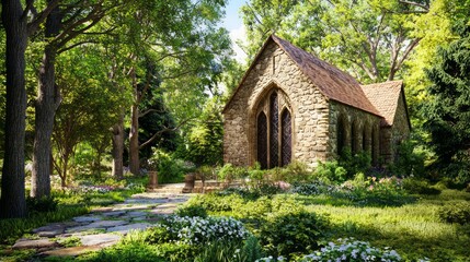 Fototapeta premium Serene Medieval Chapel Surrounded by Lush Greenery and Nature