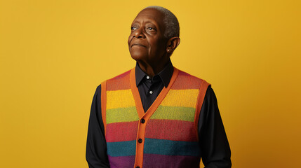 portrait of a Black non-binary elder in a fitted rainbow sweater vest over a dark dress shirt, set against a rich gold background, perfect for Pride promotions, LGBTQ+ 