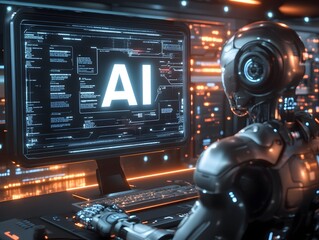 AI and Technological Advancement: An advanced AI robot meticulously analyzes data on a computer screen showcasing "AI", suggesting groundbreaking progress in artificial intelligence.