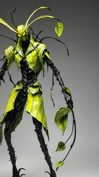 Unique green humanoid figure with plant-like features in a minimalist setting