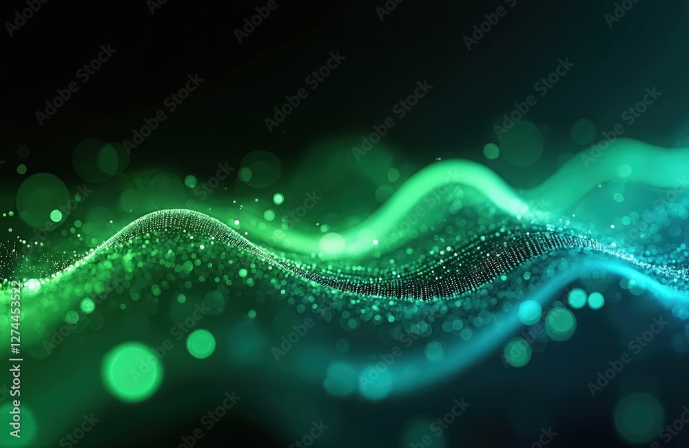 Poster Abstract futuristic background with blue green glowing neon wave lines and bokeh lights. Data transfer concept. Fantastic wallpaper, generated by AI. Hi-tech design, modern cyber space backdrop.