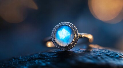 Stunning Blue Moonstone Ring on Dark Rock: A Captivating Jewel Photography
