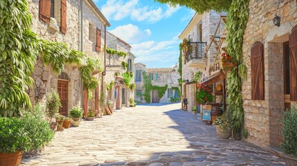 Obraz premium Narrow Cobblestone Street in a Medieval-Inspired Village Scene