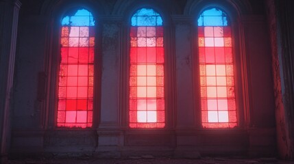 Gothic church windows with red and blue stained glass creating mystical atmosphere in dark interior. Medieval cathedral architecture with dramatic lighting and religious design
