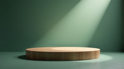 The image displays a wooden, circular platform illuminated by a focused light beam against a green backdrop.