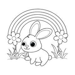 A curious white rabbit hopping through a field of wildflowers