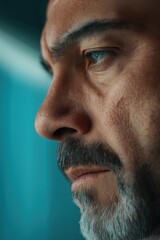 Fototapeta premium A man with a beard and glasses looking at the camera. The man has a serious expression on his face