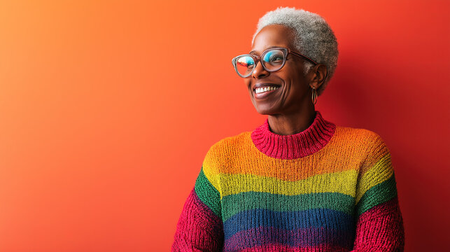 Black non-binary elder in a bold, color-blocked rainbow sweater with oversized frames, against a coral background, symbolizing self-expression and identity.