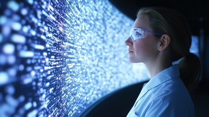 Woman scientist in lab coat analyzing digital data visualization on blue glowing screen. Technology research concept with virtual interface. Female researcher studying big data