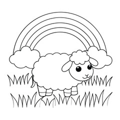  A fluffy sheep standing in a meadow with a bright rainbow arching over the sky in the background