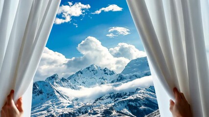 A hands opening white curtains behind which are snowy mountains. Concept of offers from travel agencies for ski and snowboard trips.