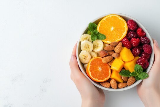 Nurturing health closeup of hands holding a bowl of mixed fruits for balanced nutrition during pregnancy