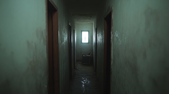 Dark narrow corridor in abandoned building with water on floor and window light at end. Old empty hallway interior with peeling walls. Horror movie atmosphere concept