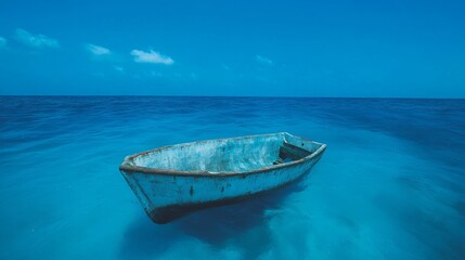 Old wooden fishing boat floating in crystal clear turquoise caribbean water under bright blue sky. Empty abandoned vessel on calm ocean surface with copy space for text