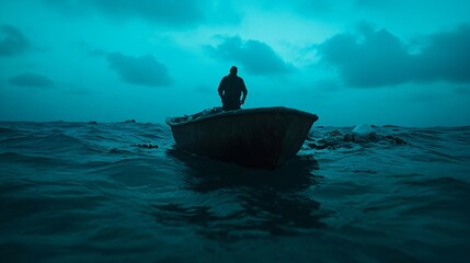 Man sitting alone in wooden boat on stormy ocean at dusk. Dark silhouette against turquoise sky. Moody seascape with dramatic clouds. Cinematic composition for loneliness concept