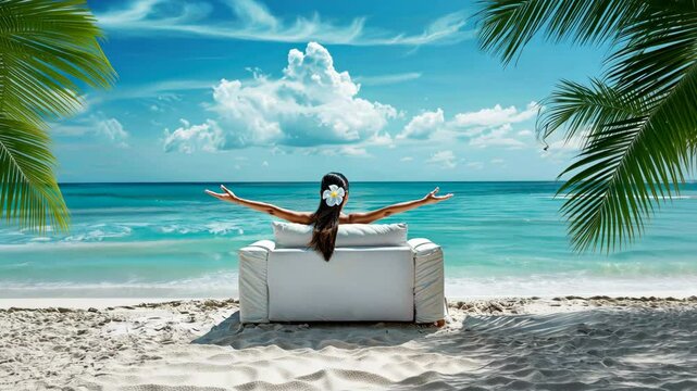 Back view of a woman relaxing on the beach while sitting in a comfortable white chaise lounge.