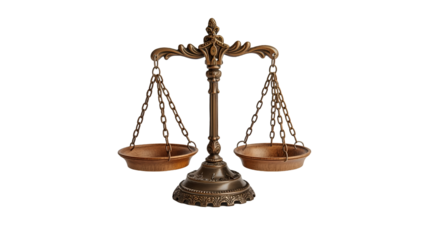 Antique Brass Scales Justice Symbol, Old Gold Legal Icon for Court and Decor, isolated on transparent background.