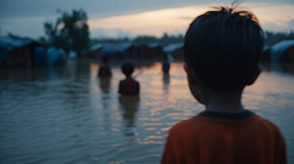 Child looking at people in flooded streets during sunset. Natural disaster aftermath in residential area shows devastating impact of flood waters on community life