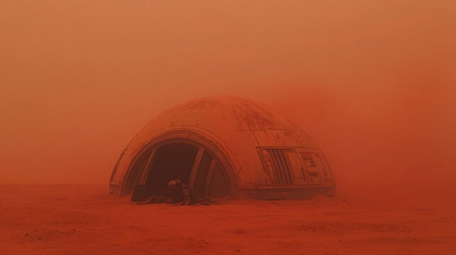 Futuristic space colony dome structure on Mars surface in red dust storm. Science fiction Mars habitat concept showing astronaut base during sandstorm with copy space