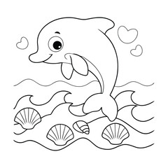 A playful dolphin leaping out of the ocean, with waves and seashells below