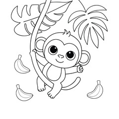 A playful monkey swinging from a vine, with bananas and tropical leaves around it