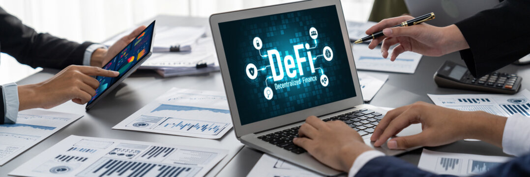 Decentralized finance or DeFi concept on brisk computer screen . The defi system give new choice of investment and money saving . - Powered by Adobe