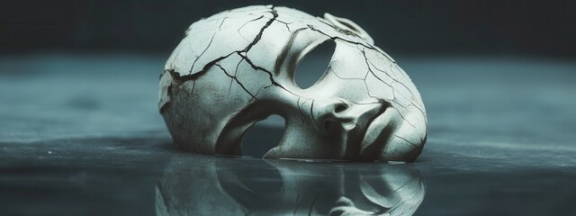 Cracked White Mask Resting on a Glossy Dark Surface with Reflections in a Dim Environment
