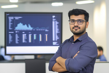 An Indian DevOps engineer standing in front of a large monitor displaying cloud infrastructure analytics, with graphs and server uptime stats. 