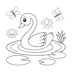 A serene swan gliding across a pond, with lily pads and dragonflies nearby