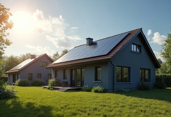 Newly constructed homes with dark solar panels on roof under bright sky. Residential houses with photovoltaic system for clean energy. Sustainable housing development with green eco power generation