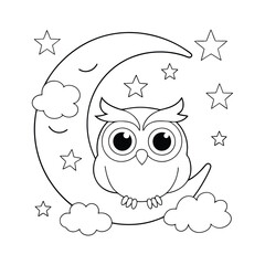 A wise owl perched on a crescent moon, with stars and clouds filling the sky