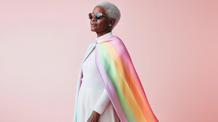 elderly Black transgender woman wearing a chic pastel rainbow cape over a solid white dress, posed against a soft pink background, embodying grace, pride, and individuality.