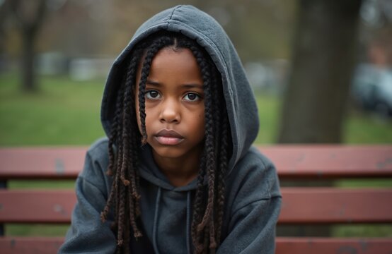 Sad young african american teen girl sitting alone on bench in hoodie on street. Juvenile delinquent with mental health trouble. Lonely teenager with braids feels depressed in urban park.