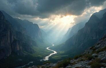 Majestic mountain range with sunlight through stormy clouds in valley. Awe-inspiring natural scenery. River flowing through rocky terrain. Generative AI illustration of scenic landscape, light rays,