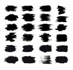 Set of vector brush strokes with grunge texture. Collection of dirty artistic black ink brush strokes. Dry paint stains, hand drawn ink spots isolated on white background.