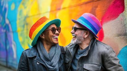 Bold and Heartfelt Portrait of an Elderly Gay Couple in Rainbow Scarves for LGBTQ+ Advocacy and Visibility