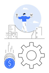 Person balancing gear and hand-shake in urban setting accompanied by falling coins and a large gear. Ideal for business strategy, financial planning, technology integration, urban development