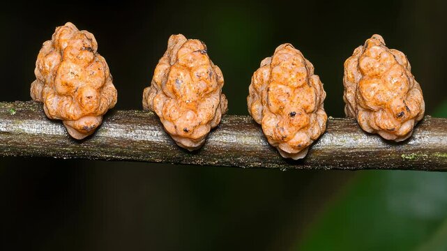 Brown insect eggs clustered on a slender branch in a lush forest environment during daylight hours
