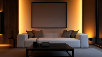 Minimalist modern living room with sleek white sofa and warm