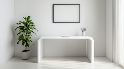 Minimalist white workspace with sleek modern desk and plant