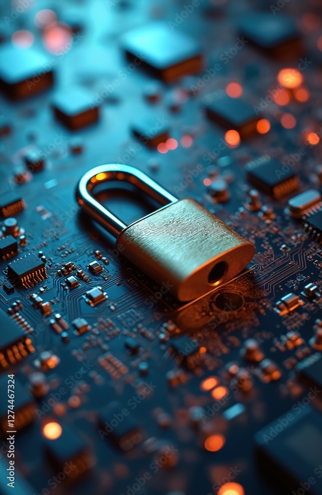 Poster padlock on circuit board. security concept. close-up, digital data protection, encryption, privacy. 