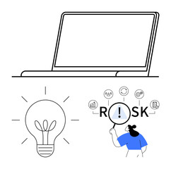 Laptop outline, illuminated lightbulb idea, figure analyzing risk with magnifying glass, and interconnected icons. Ideal for innovation, strategy, risk management, technology, problem solving