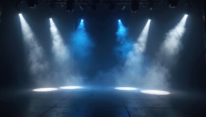 Abstract dark blue night club interior, lit illuminated stage. Spotlight beams cut through smoke-filled room. Bright spots shine on empty dance floor, glow from lamps. Perfect for musical events.