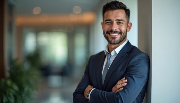 Smiling elegant Latino businessman looks at camera in office. Confident young leader in suit stands with arms crossed. Happy hispanic lawyer, company executive shows success and management skill.