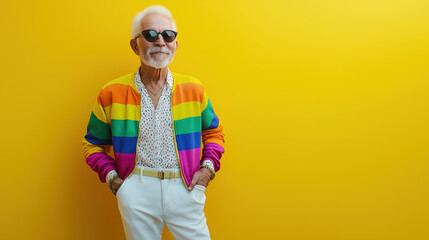 Trendy and Expressive Elderly Gay Man in a Rainbow Bomber for LGBTQ+ Fashion Editorials
