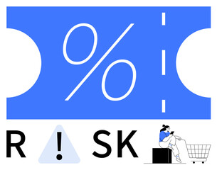 Big blue percentage symbol on a ticket, the word RISK with an alert sign, a shopper near a cart. Ideal for commerce, discount strategies, financial warnings, economic balance, retail risk, consumer
