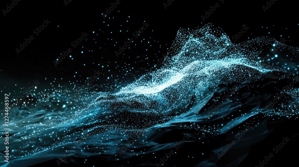Poster abstract digital wave of glowing blue particles forming a futuristic data flow on a dark background.